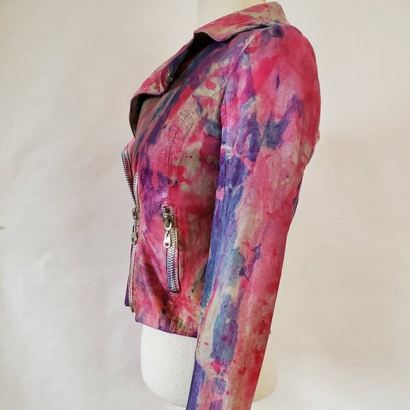 Leather Motorcycle biker Jacket graffiti painted pink purple red blue XS 0 2 4 6 - Picture 4 of 11